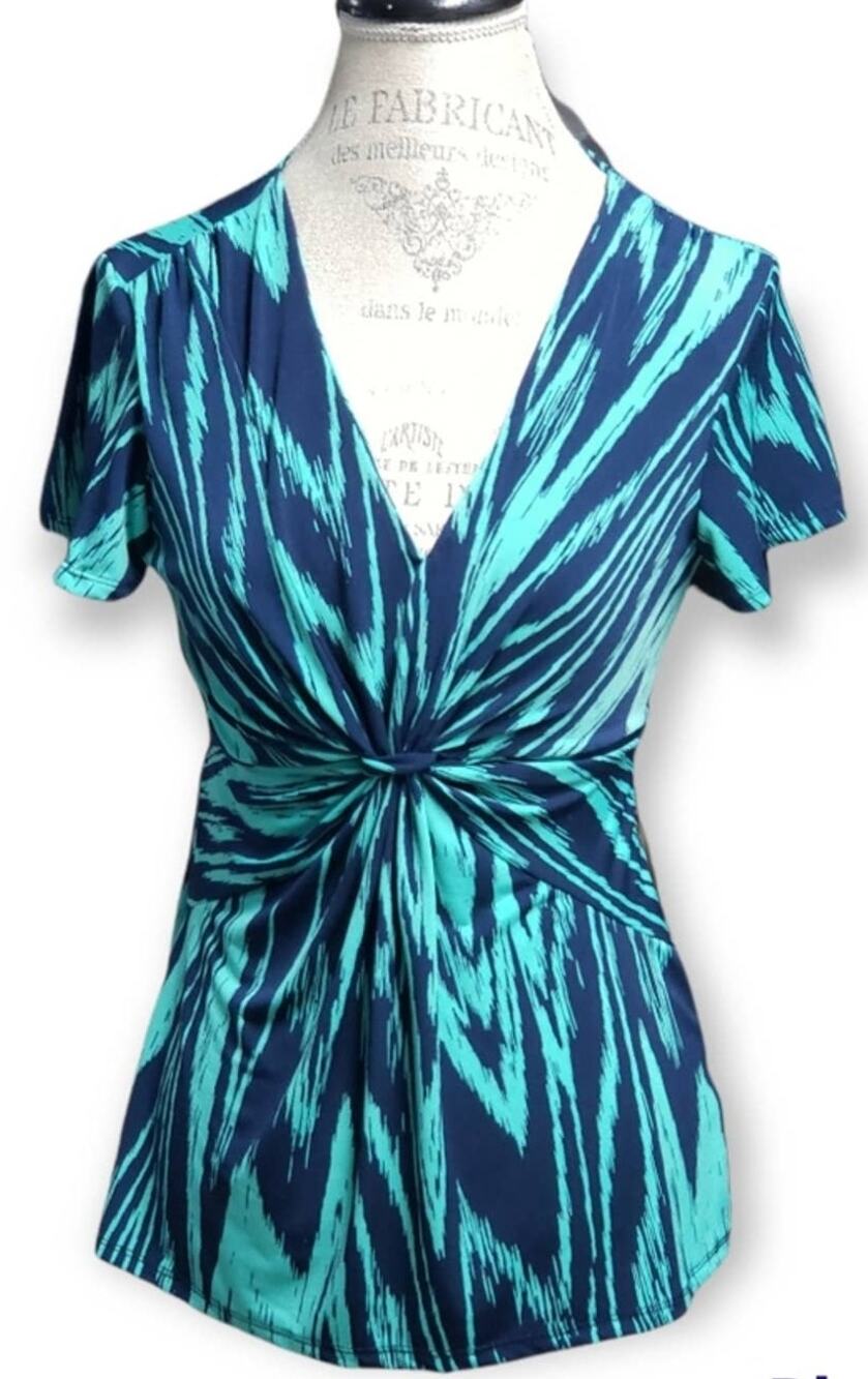 Daisy Fuentes Navy & Teal Short Sleeved Blouse • Size Petite Medium